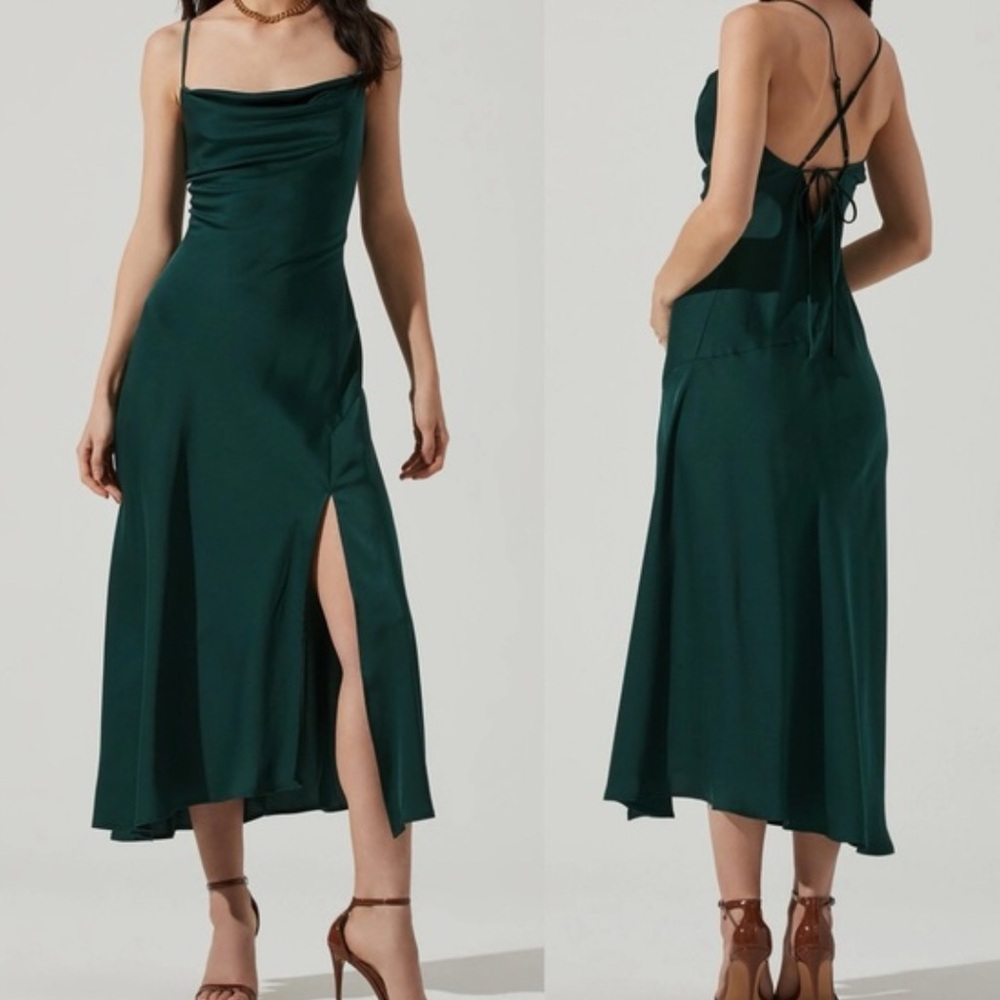 ASTR The Lab Gaia Dress in HunterGreen Backless Sundress with Slit and Cowl Neck